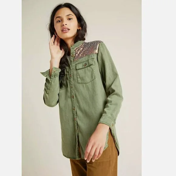 Anthropologie Olive Green Denim Button Down Shirt/Jacket Women’s Size 0 - Picture 11 of 13